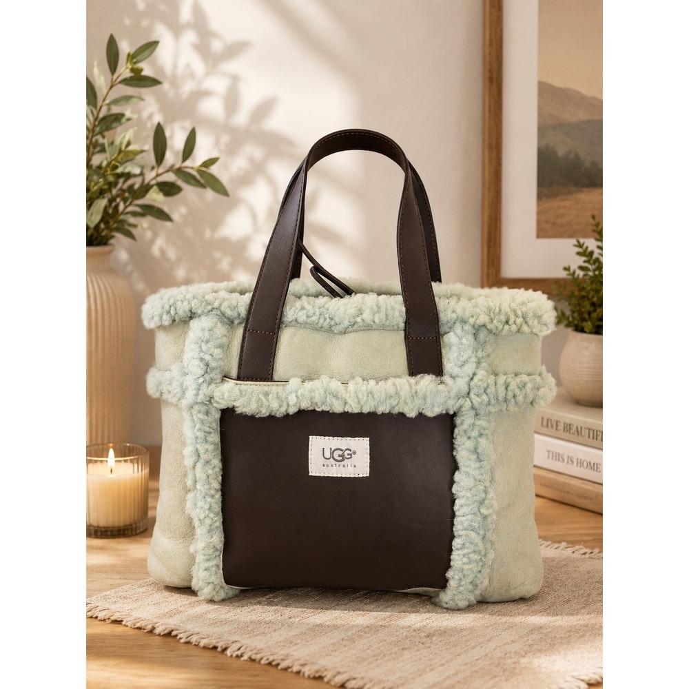 UGG Australia Sheepskin Suede Tote Bag Sage Green Shearling Trim Brown Leather